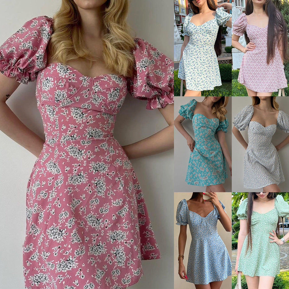 Lace-up Vintage Floral High Waist Puff Sleeve French Dress