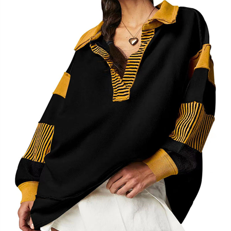 Loose V-neck Casual Long Sleeve Pullover Split Patchwork Sweater