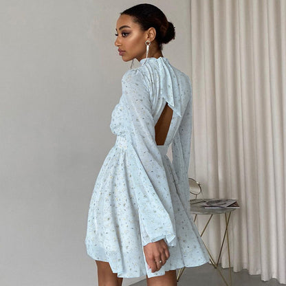 Printed Backless Lace-up Turtleneck Dress