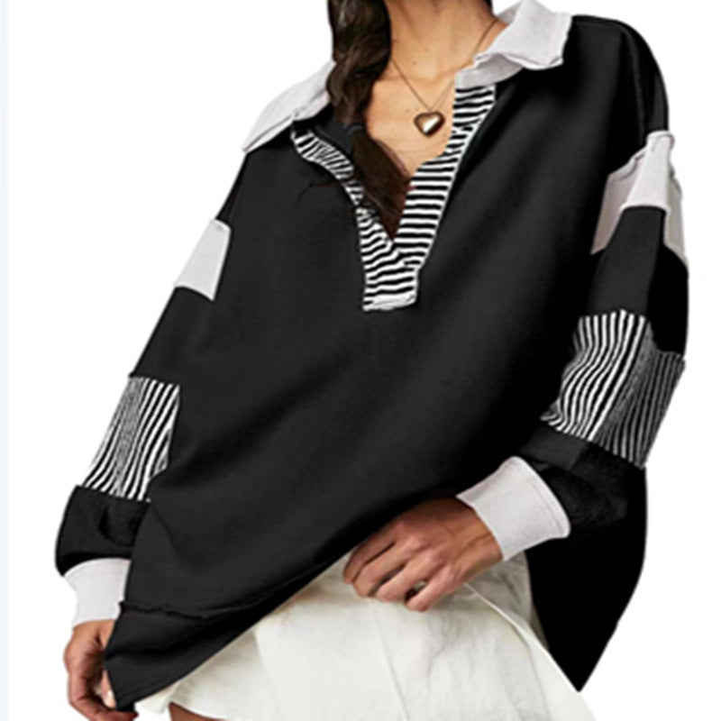 Loose V-neck Casual Long Sleeve Pullover Split Patchwork Sweater