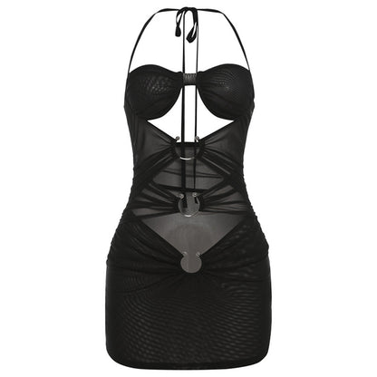 Sexy Hot Girl Mesh See-through Ripped Halter Lace-up Slim Fit Sheath Dress