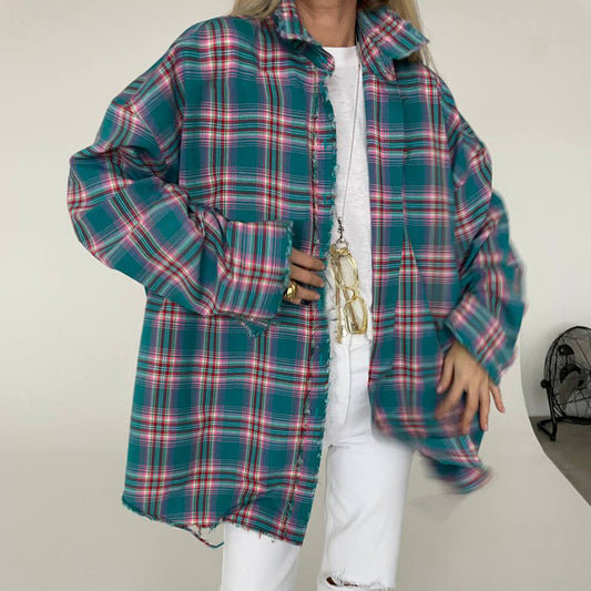 Retro Fashion Color Contrast Plaid Shirt