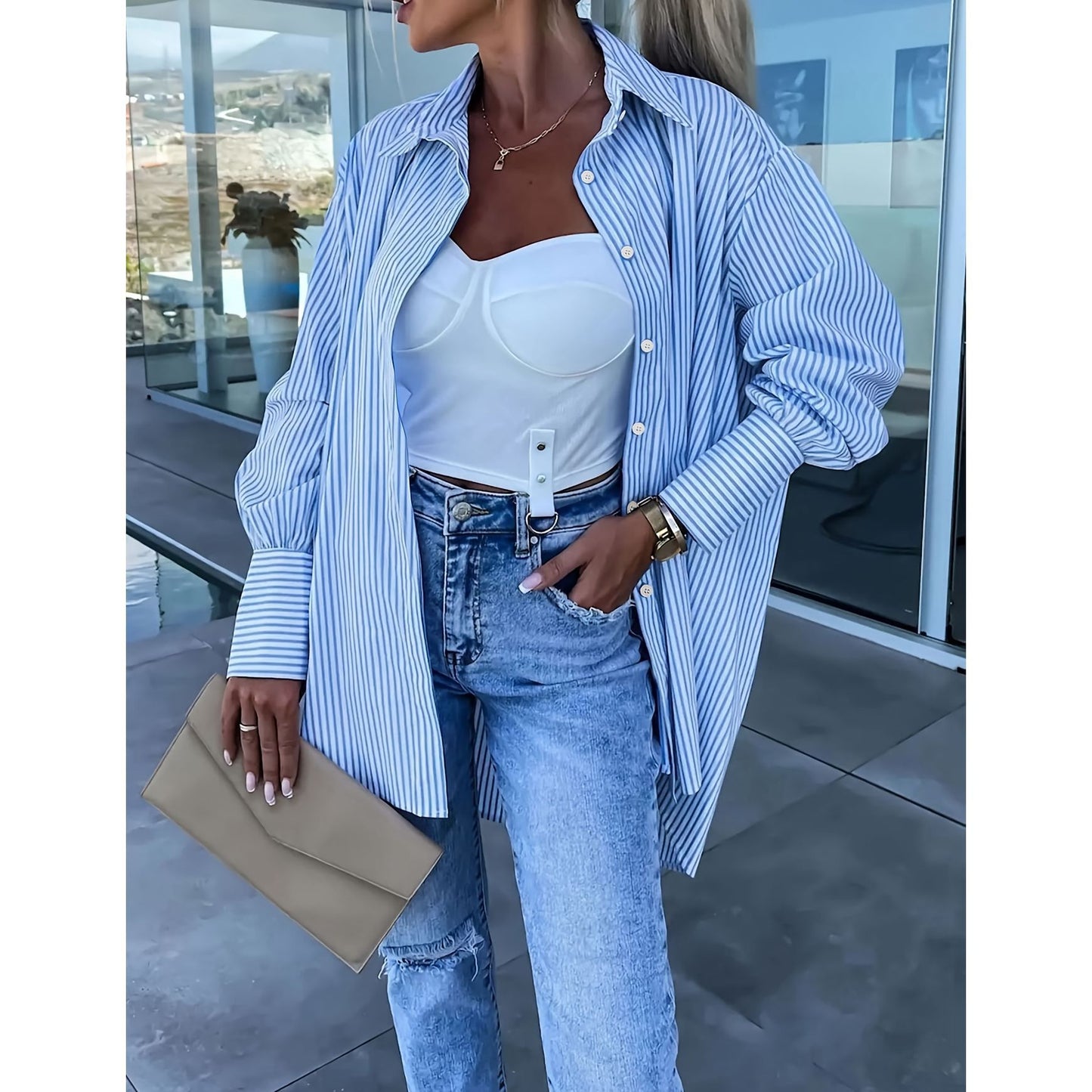 Lapel Comfort And Casual Loose All-match Plus Size Striped Shirt