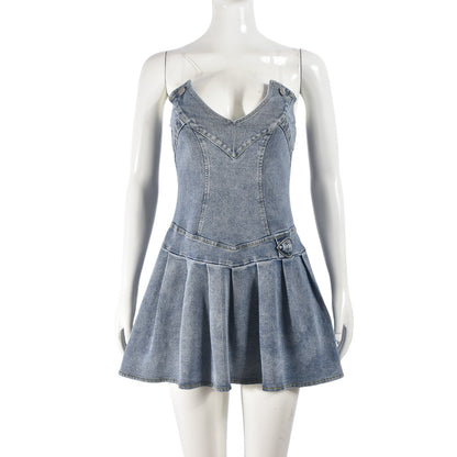 Hot Girl French Pleated V-neck Denim Dress