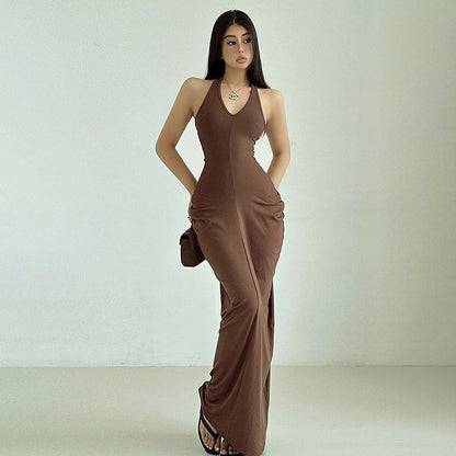 European And American Fashion Sexy Hot Girl Solid Color V-neck Sleeveless Long Dress