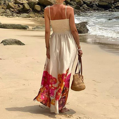 Fashion Print Vacation Backless Sling Mid-length Dress