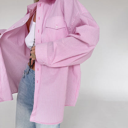 Women's Preppy Style Sweet Pink Striped Loose Outer Cotton Shirt