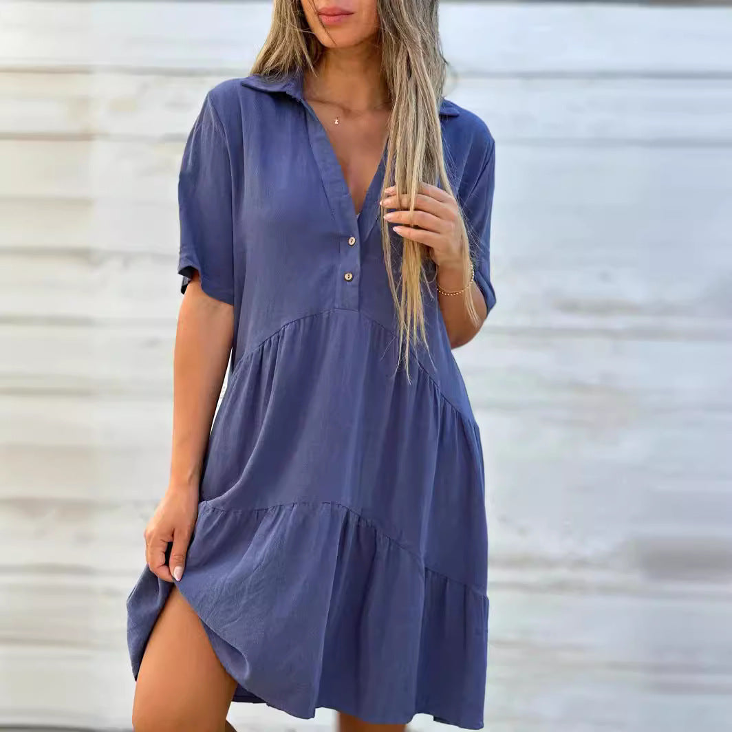 Women's Fashion Loose Solid Color Polo Collar Casual Short Sleeve Cotton Linen Dress