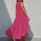 Multi-layer V-neck Patchwork Solid Color A- Line Large Hem Long Dress