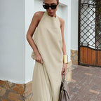 Women's Khaki Cotton And Linen Halter Loose Vacation Style Dress