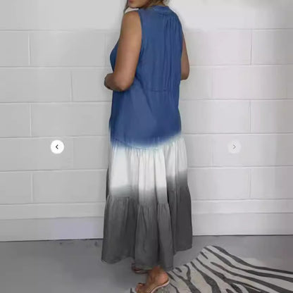 Women's Tie-dye Lyocell Denim Blue And White Long Sleeveless Dress