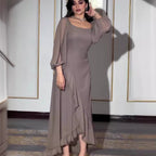 Solid Color Nine-quarter Sleeve Ruffled Irregular Dress