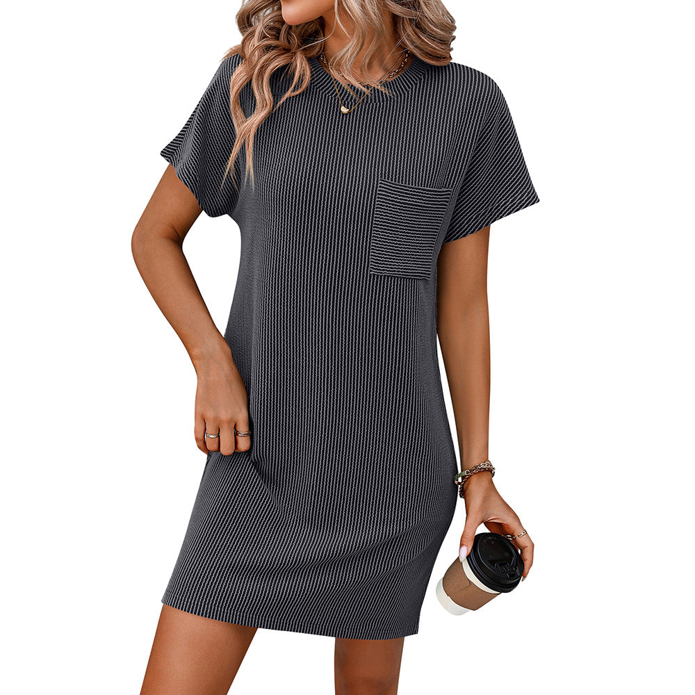 Casual Contrast Color Short Sleeve Pocket Dress