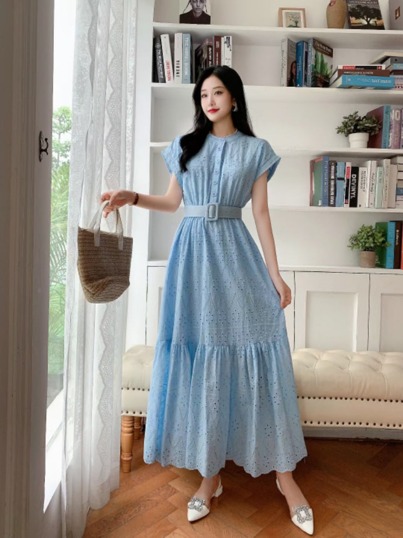 Retro Short Sleeve Round Neck Single-breasted Hollow Embroidery Dress