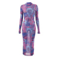 Women's Round Neck Long Sleeve Finger Fit Design Mesh Floral Print Dress