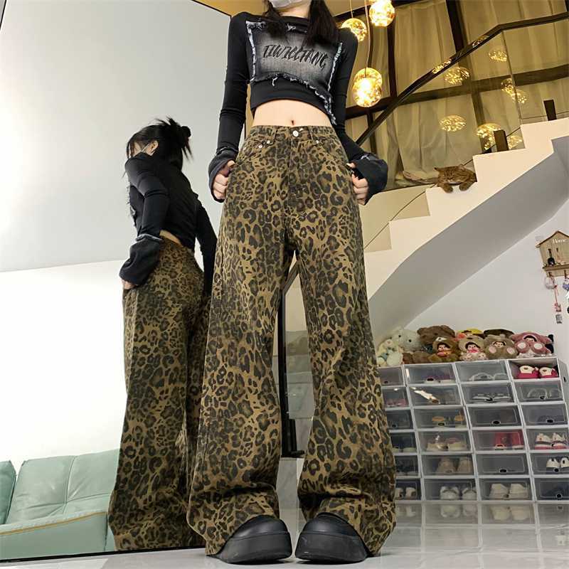 Women's American-style Vintage Leopard Print Wide-leg Jeans