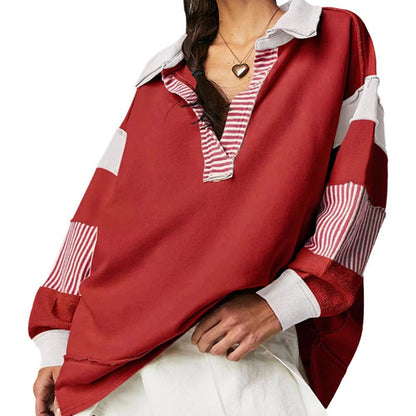 Loose V-neck Casual Long Sleeve Pullover Split Patchwork Sweater