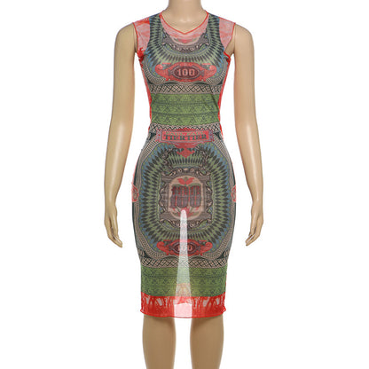 European And American Digital Printing Sleeveless High Waist Slim Fit Dress