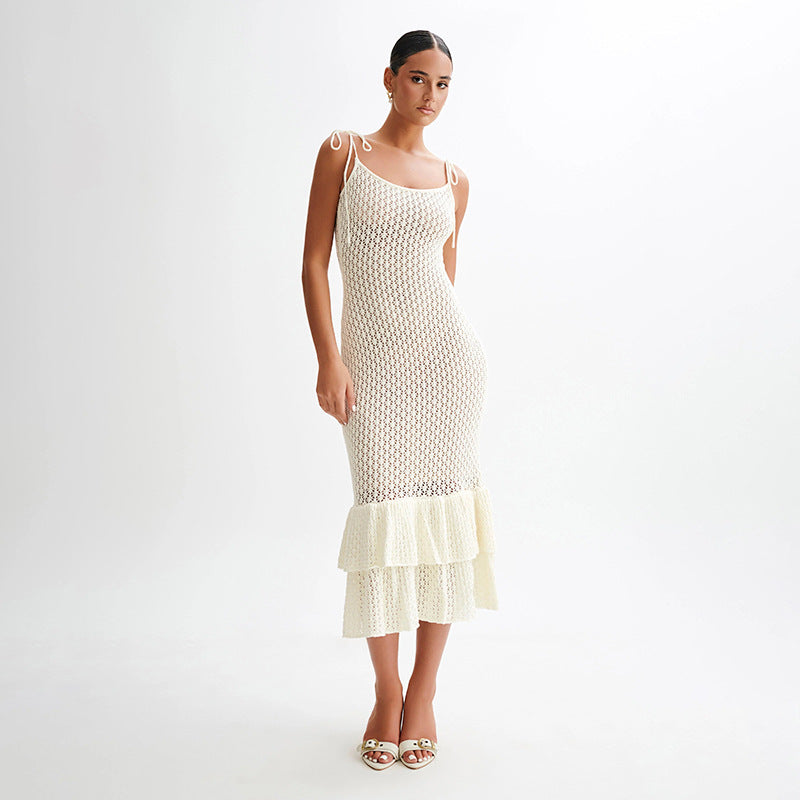 European And American Fashion Sleeveless Low-cut Knitted Tied High Waist Slim Fishtail Dress