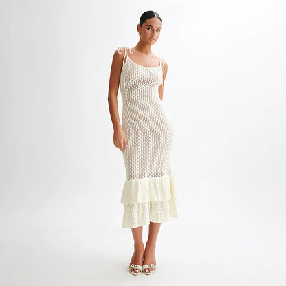 European And American Fashion Sleeveless Low-cut Knitted Tied High Waist Slim Fishtail Dress