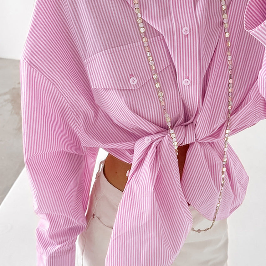 Women's Preppy Style Sweet Pink Striped Loose Outer Cotton Shirt