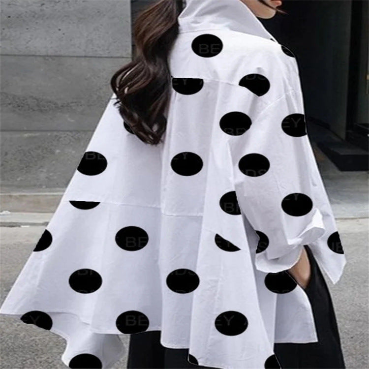 Long Sleeve Polka Dot Chiffon Temperament Commute White Lapel Shirt