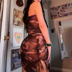 Sexy Printed Tube Top Pleated Slim Fit High Waist Slit Short Dress