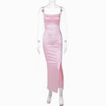Solid Color Style Satin Sling Mid Split Dress Women