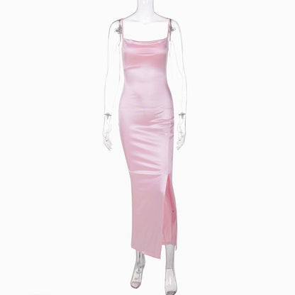 Solid Color Style Satin Sling Mid Split Dress Women