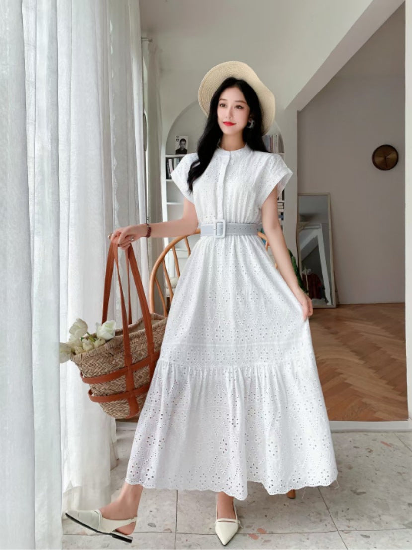 Retro Short Sleeve Round Neck Single-breasted Hollow Embroidery Dress