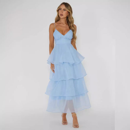 Organza INS Deep V-neck Backless Sling Dress Leisure Vacation