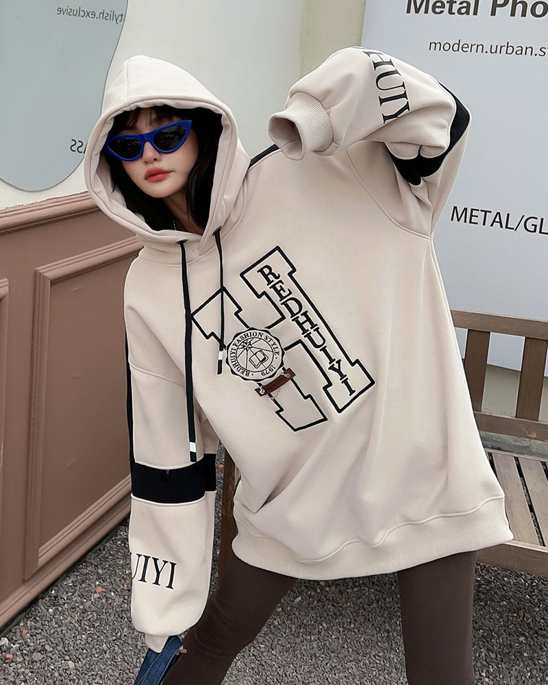 Women's Casual Embroidered Letters Velvet Padded Hooded Sweatshirt