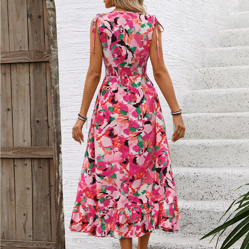 Women's Elegance Sleeveless Waist V-neck Printed Dress