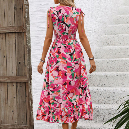 Women's Elegance Sleeveless Waist V-neck Printed Dress