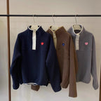 Women's Stand Collar Half Zip Love Embroidery Lamb Wool Sweatshirt