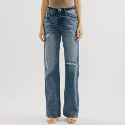 Ins Retro Hong Kong Style High Waist Jeans Wide Leg Ripped