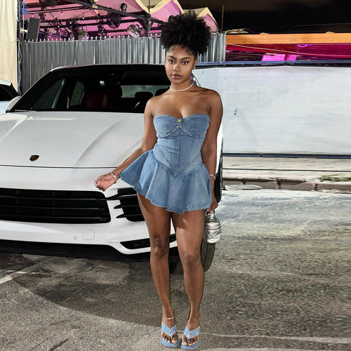 Denim Wash Water Wrapped Chest Backless Zipper Flounced Skirt