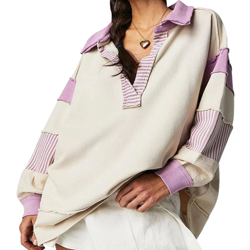 Loose V-neck Casual Long Sleeve Pullover Split Patchwork Sweater