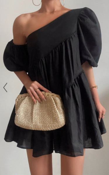 Casual Loose Off-the-shoulder Puff Sleeves Stitching Short Sleeve Dress