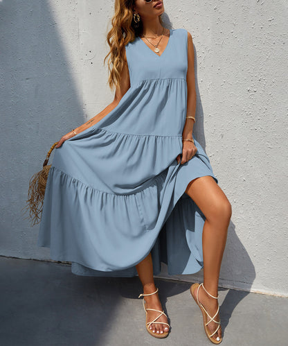 Multi-layer V-neck Patchwork Solid Color A- Line Large Hem Long Dress