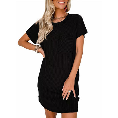 Casual Contrast Color Short Sleeve Pocket Dress