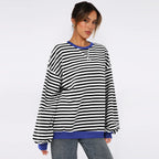 Women's Fashion Round Neck Striped Sweater Loose Bishop Sleeves Top