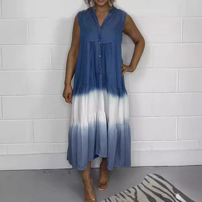 Women's Tie-dye Lyocell Denim Blue And White Long Sleeveless Dress