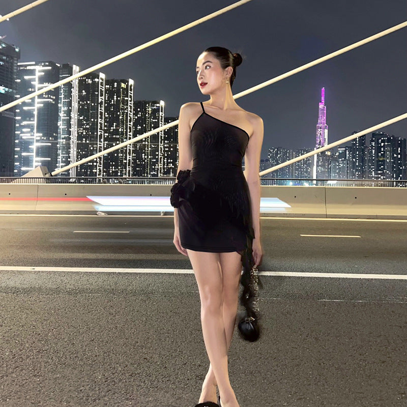 Fashion One-shoulder Halter Ribbon Dress Women