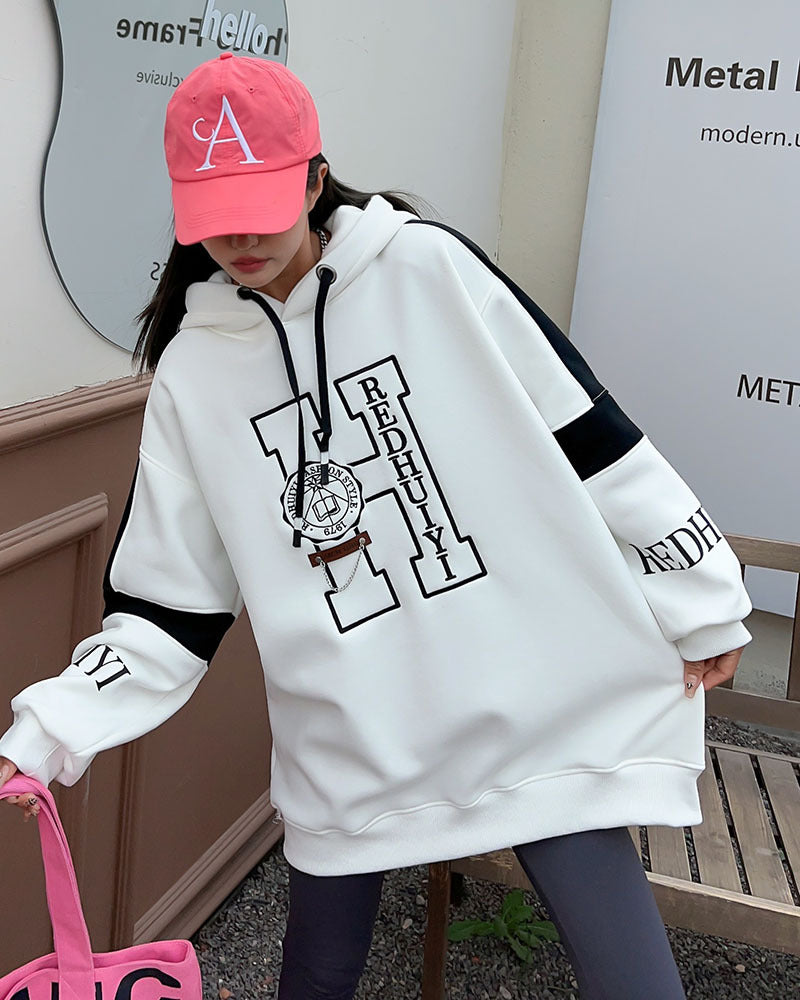 Women's Casual Embroidered Letters Velvet Padded Hooded Sweatshirt