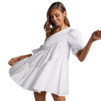 Casual Loose Off-the-shoulder Puff Sleeves Stitching Short Sleeve Dress