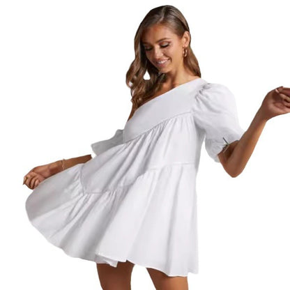 Casual Loose Off-the-shoulder Puff Sleeves Stitching Short Sleeve Dress