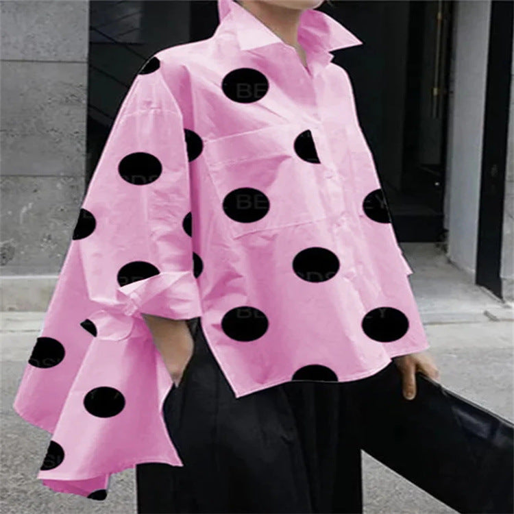 Long Sleeve Polka Dot Chiffon Temperament Commute White Lapel Shirt