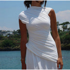 Women's Pleated Round Neck Sleeveless Irregular Dress