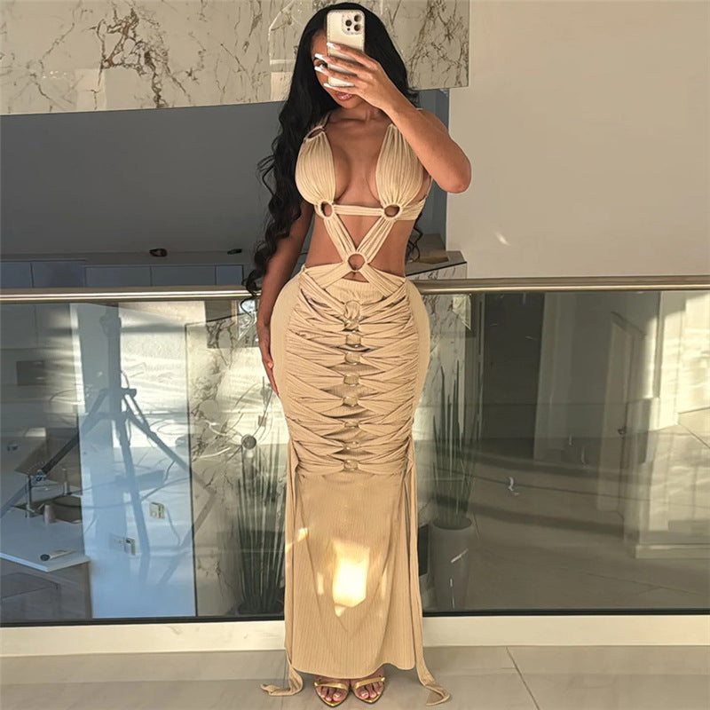 Sexy Hot Girl Hollow-out Ripped Lace-up High Waist Figure Flattering Sheath Dress